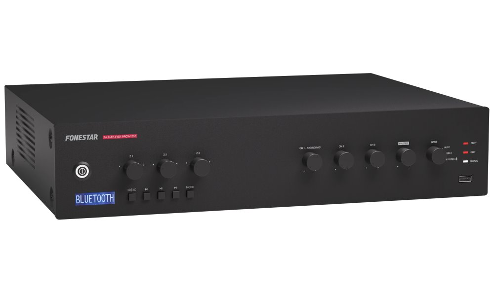 Fonestar 3-zónová 100V ústředna 120 W, BT/USB/FM, nez hlas zón, 2× Mic/Line + Phantom, vent chlazení PROX-120Z