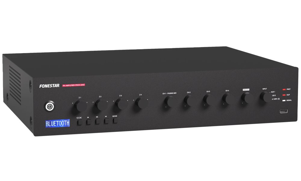 Fonestar 4-zónová 100V ústředna 240 W, BT/USB/FM, 1× Mic, 1× Aux, nouz 100V vstup, pasivní chlazení PROX-240Z