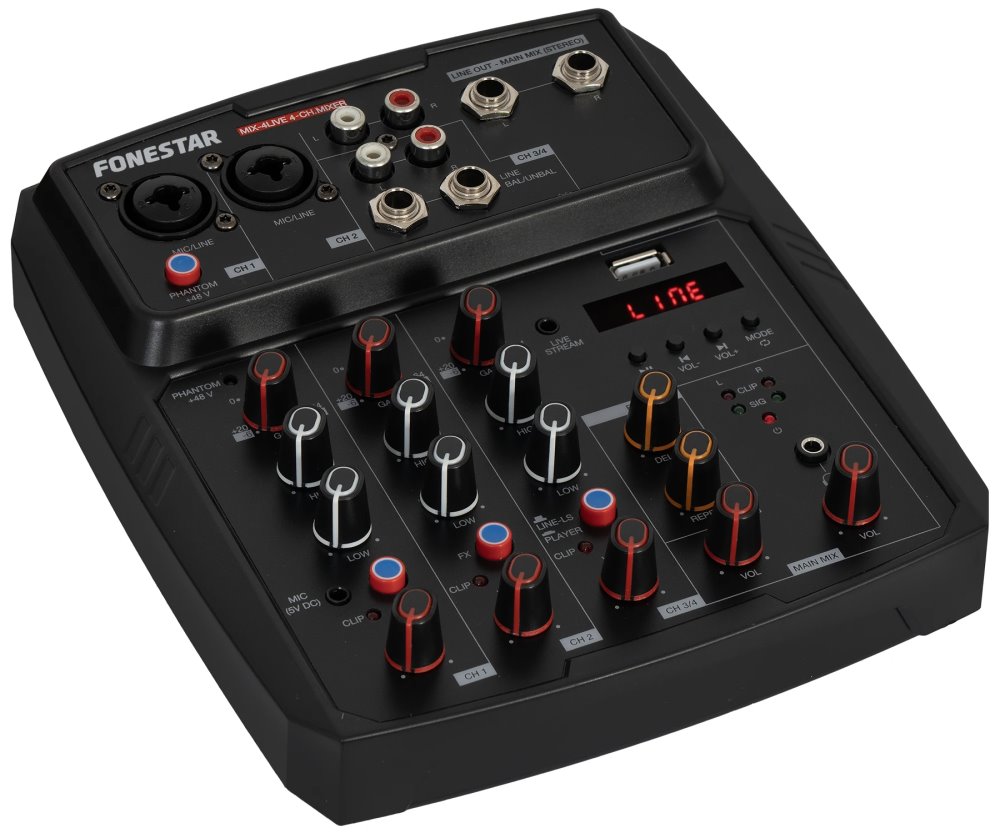 Fonestar 4kanálový mixpult USB, 2× Mic/Line, stereo vstup, BT/USB, 16 DSP efektů, smartphone TRRS, 48V Phantom MIX-4LIVE
