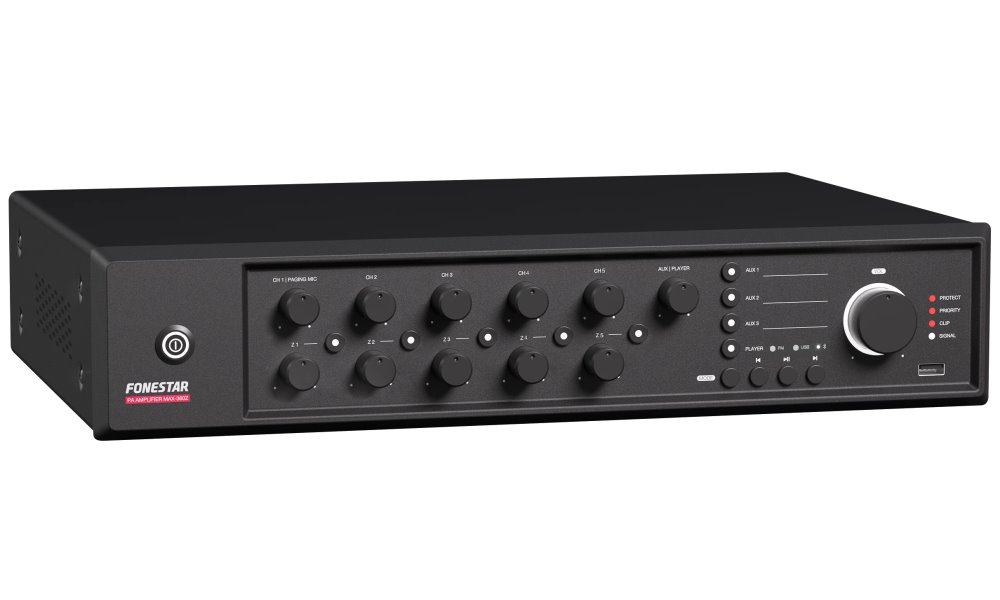 Fonestar 5-zónová 100V ústředna 360 W, BT/USB/FM, 5× Mic/Line + 48V, nouz 100V vstup, rack 2U MAX-360Z