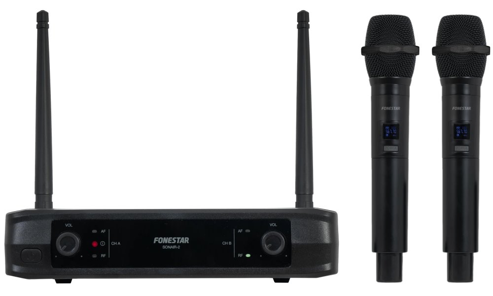 Fonestar Duální UHF mikrofonní set, 2× ruční Mic, fixní frekvence, dosah 30 m, XLR/Jack výstup, latence 3 ms SONAIR-2M