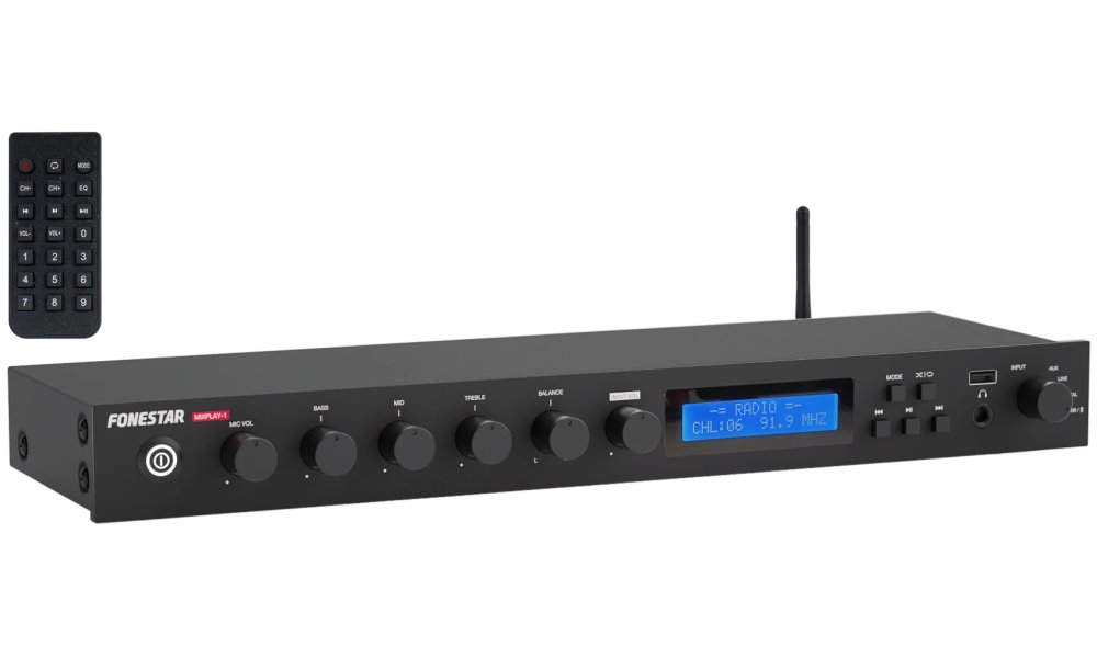 Fonestar Multi-přehrávač s rekordérem, FM/USB/MP3/BT, Mic priorita, opt/koax, 3 výstupy, XLR, rack 1U MIXPLAY-1