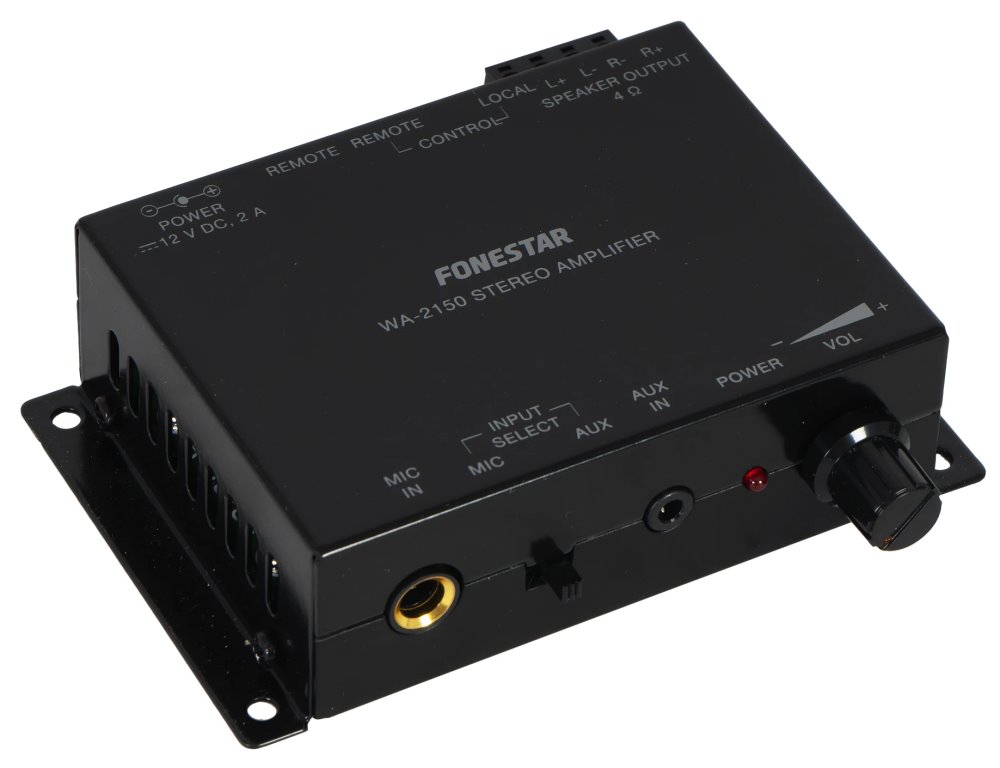Fonestar Nástěnný stereo zesilovač Class D 2×15 W/4ohm, Mic + AUX, ocelové pouzdro, 12 V DC adaptér WA-2150