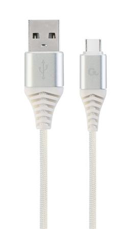 Gembird Premium cotton braided Type-C USB charging and data cable,1m,silver/whit CC-USB2B-AMCM-1M-BW2
