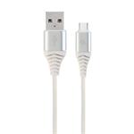 Gembird Premium cotton braided Type-C USB charging and data cable,1m,silver/whit CC-USB2B-AMCM-1M-BW2