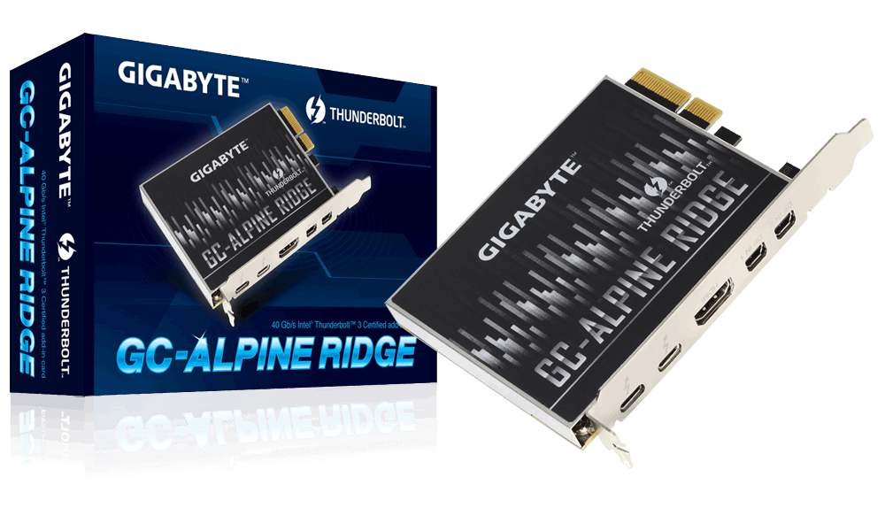 GIGABYTE GC-ALPINE RIDGE, Intel® Thunderbolt™ 3 Certified add-in card, USB Type-C, DisplayPort, HDMI
