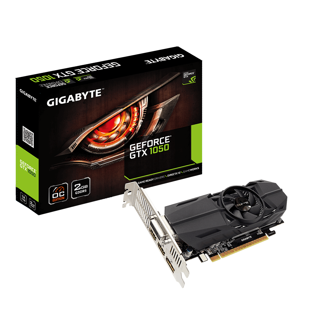 GIGABYTE grafická karta nVIDIA GTX1050/ PCI-E/ 2GB GDDR5/ DP/ 2xHDMI/ DVI/ active (Low Profile) GV-N1050OC-2GL