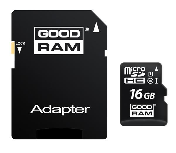 Goodram Micro Secure Digital Card, 16GB, micro SDHC, M1AA-0160R12, UHS-I U1 (Class 10), s adaptérom