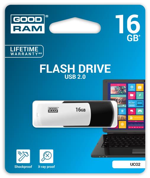 Goodram USB flash disk, 2.0, 16GB, UCO2, čierny, UCO2-0160KWR11, podpora OS Win 7