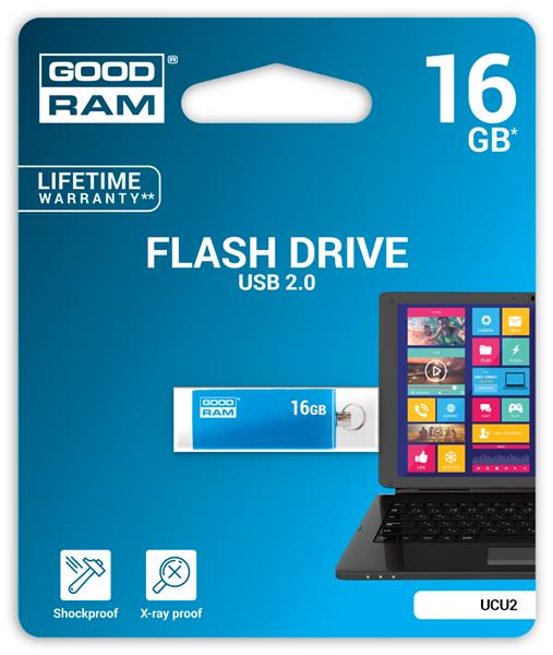 Goodram USB flash disk, 2.0, 16GB, UCU2, modrý, UCU2-0160B0R11, podpora OS Win 7, nové papierové ba