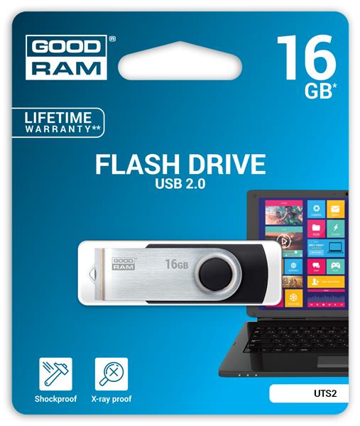Goodram USB flash disk, 2.0, 16GB, UTS2, čierny, UTS2-0160K0R11, podpora OS Win 7
