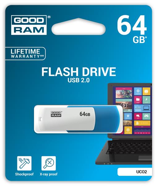 Goodram USB flash disk, 2.0, 64GB, UCO2, blue and white, UCO2-0640KWR11, podpora OS Win 7 UCO2-0640MXR11