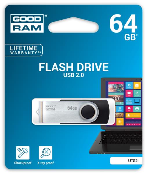 Goodram USB flash disk, 2.0, 64GB, UTS2, čierny, UTS2-0640K0R11, podpora OS Win 7