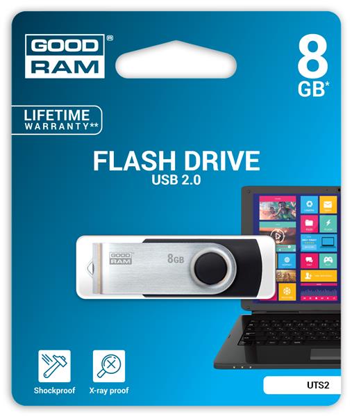 Goodram USB flash disk, 2.0, 8GB, UTS2, čierny, UTS2-0080K0R11, podpora OS Win 7