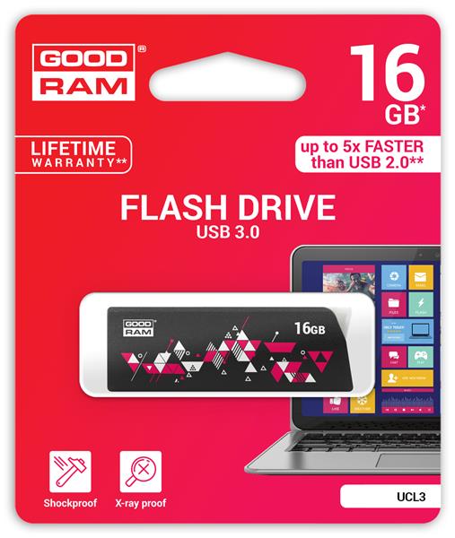 Goodram USB flash disk, 3.0, 16GB, UCL3, čierny, UCL3-0160K0R11, podpora OS Win 7, nové papierové b