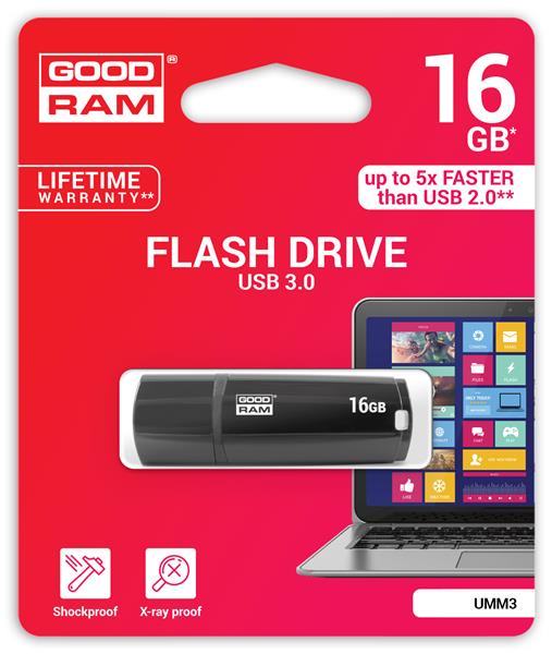 Goodram USB flash disk, 3.0, 16GB, UMM3, čierny, UMM3-0160K0R11, podpora OS Win 7
