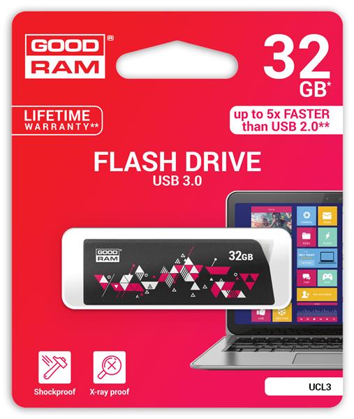 Goodram USB flash disk, 3.0, 32GB, UCL3, čierny, UCL3-0320K0R11, podpora OS Win 7, nové papierové b