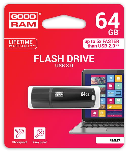 Goodram USB flash disk, 3.0, 64GB, UMM3, čierny, UMM3-0640K0R11, podpora OS Win 7