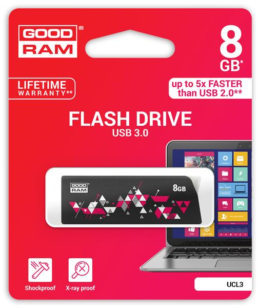 Goodram USB flash disk, 3.0, 8GB, UCL3, čierny, UCL3-0080K0R11, podpora OS Win 7, nové papierové ba