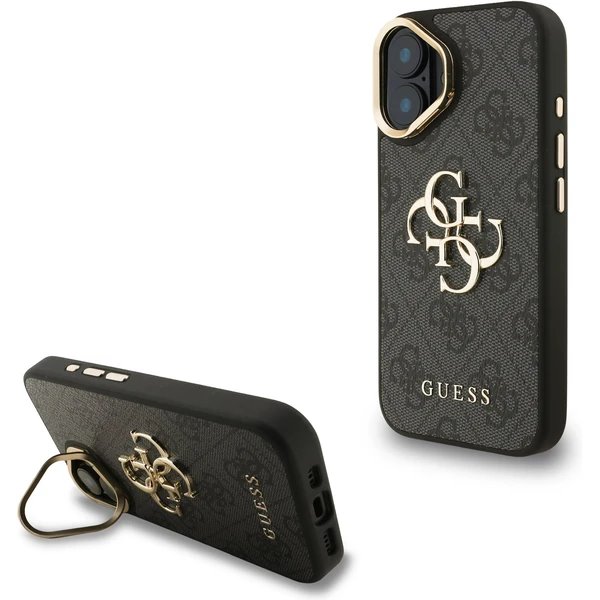 Guess PU 4G Metal Logo Stand Camera Frame kryt iPhone 16 čierny 57983125156
