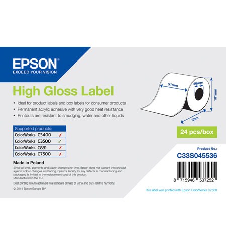High Gloss Label Cont.R, 51mm x 33m C33S045536