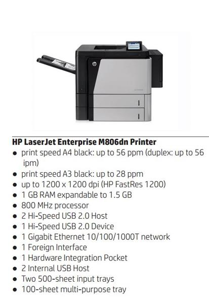 HP LaserJet Enterprise 800 M806dn (A3, čb, 1200dpi, 56str/min, Duplex,USB, Ethernet) CZ244A