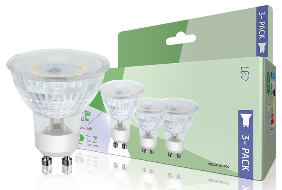 HQ LGU103P02 LED žárovka MR16, 4.5W/30W GU10, WW teplá bílá, 345 lm, 3 kusy HQLGU103P02