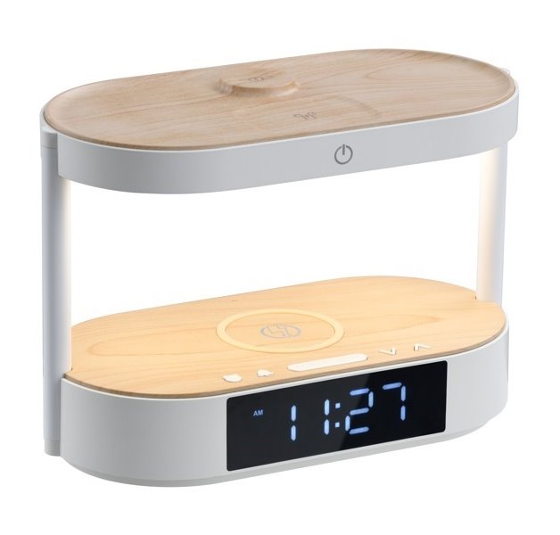 IMMAX LED budík TRIPLE DOCK/ 3v1 bezdrátové nabíjení/ 20W/ 9V/2,22A/ AC 220-230V/ 30lm/ USB-C/ bílý (světlé dřevo 09111L