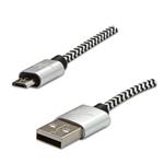 Kábel USB (2.0), USB A M- USB micro B M, 2m, 480 Mb/s, 5V/1A, strieborný, Logo, box, nylónové oplet