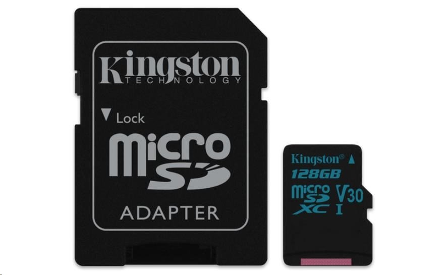 Kingston 128GB microSDXC Canvas Go 90R/45W U3 UHS-I V30 Card + SD Adapter SDCG2/128GB