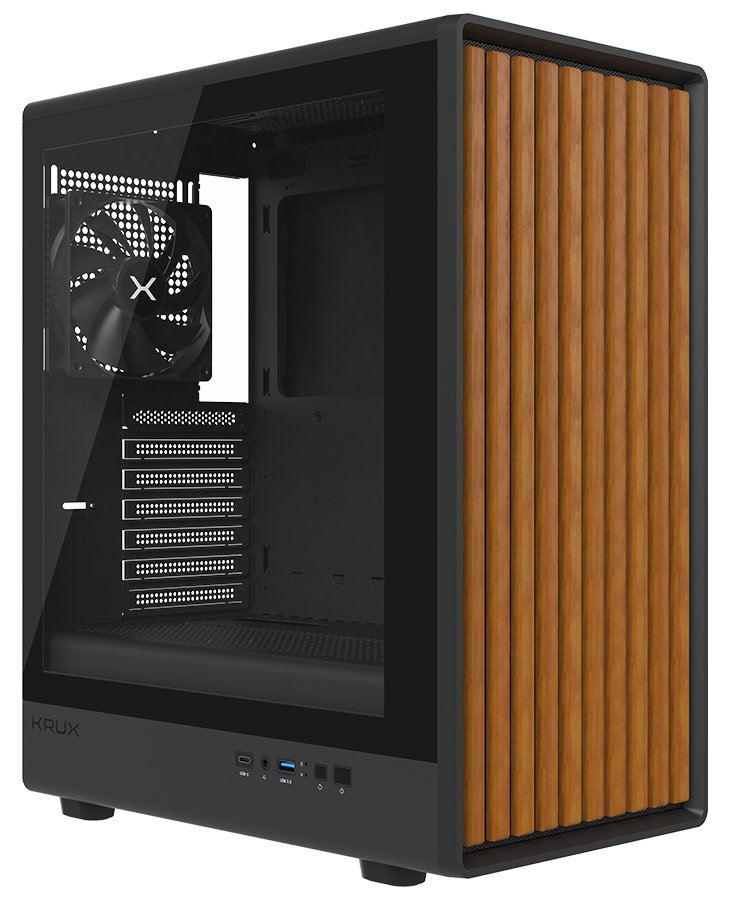 Krux skříň Heliora / ATX / 120mm fan / USB3.0 / USB-C / zaoblená / dřevěný design panelu / černá KRXD019