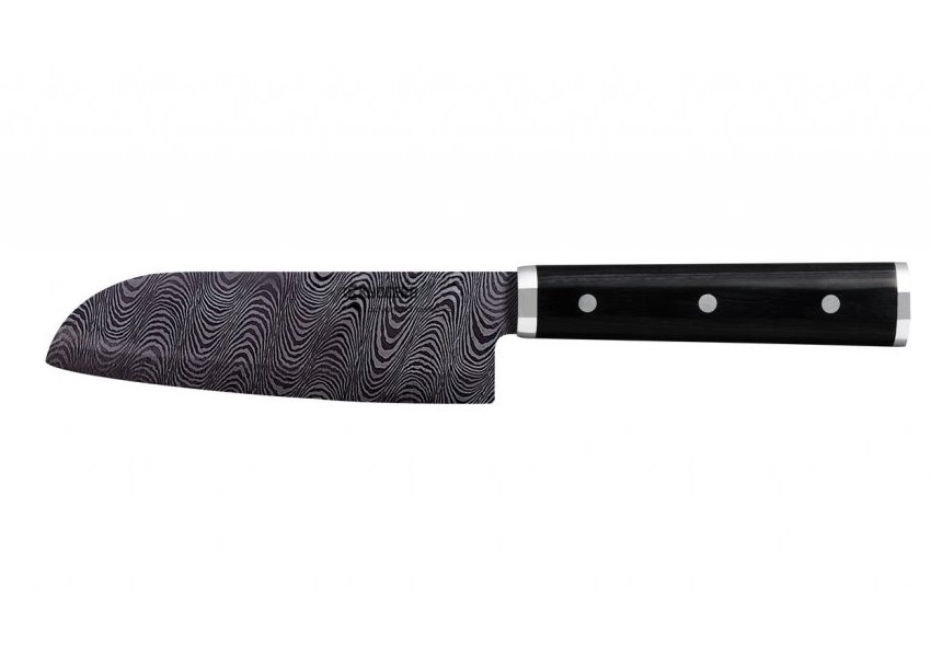 KYOCERA keramický nůž Santoku, černá dřevěná rukojeť, 14 cm dlouhá černá čepel KTN-140-HIP