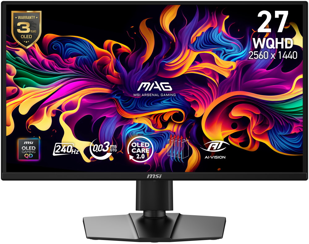 MSI Gaming MAG 272QP QD-OLED X24/ 26,5"/ 2560x1440/ OLED/ 0,03ms/ 240Hz/ 400cd/m2/ 1500000:1/ HDMI/ DP/ USB-C/ černý