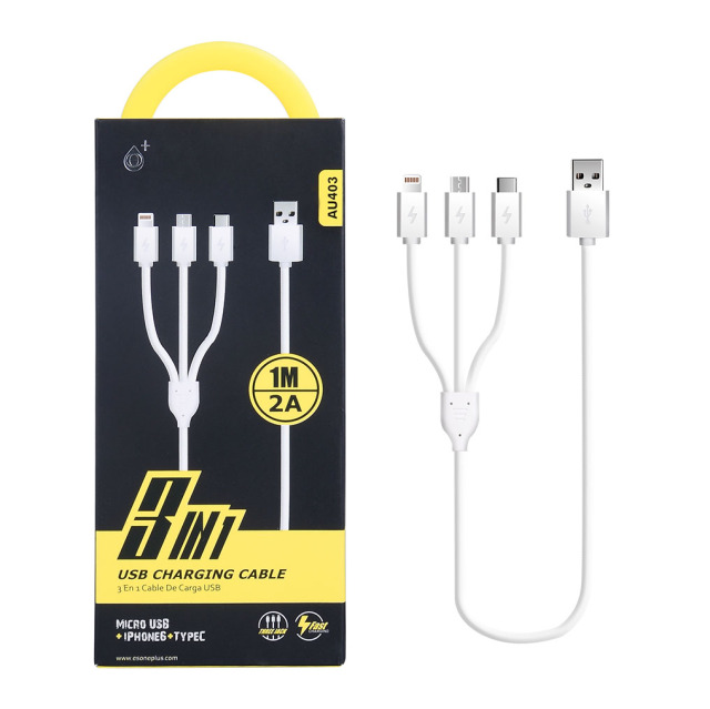 Nabíjecí kabel PLUS 3v1 Micro USB + iPhone Lightning + USB-C, délka 1m, 2A, rychlé nabíjení 2100041