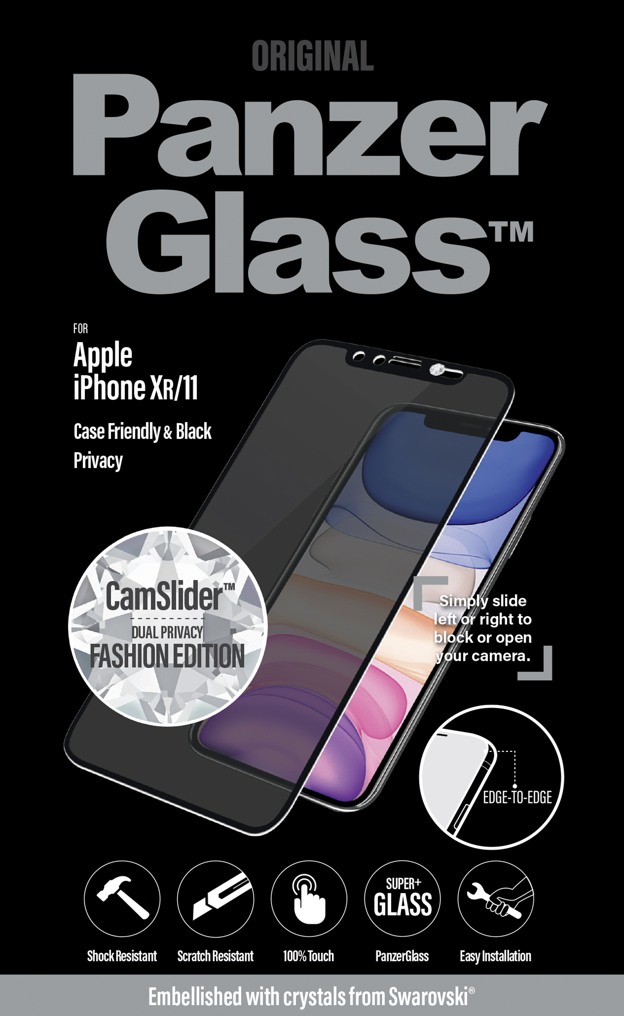 PanzerGlass - Tvrdené sklo Privacy Case Friendly CamSlider Swarovski pre iPhone 11/XR, čierna P2681