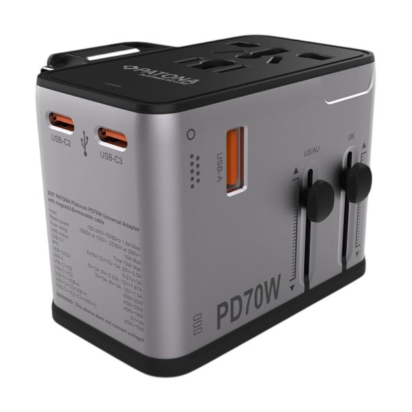 PATONA cestovní adaptér 3x USB-C, 1x USB, vyměnitelné zástrčky EU/UK/US: Typ C, G, A/B, Power delivery 70W PT2597