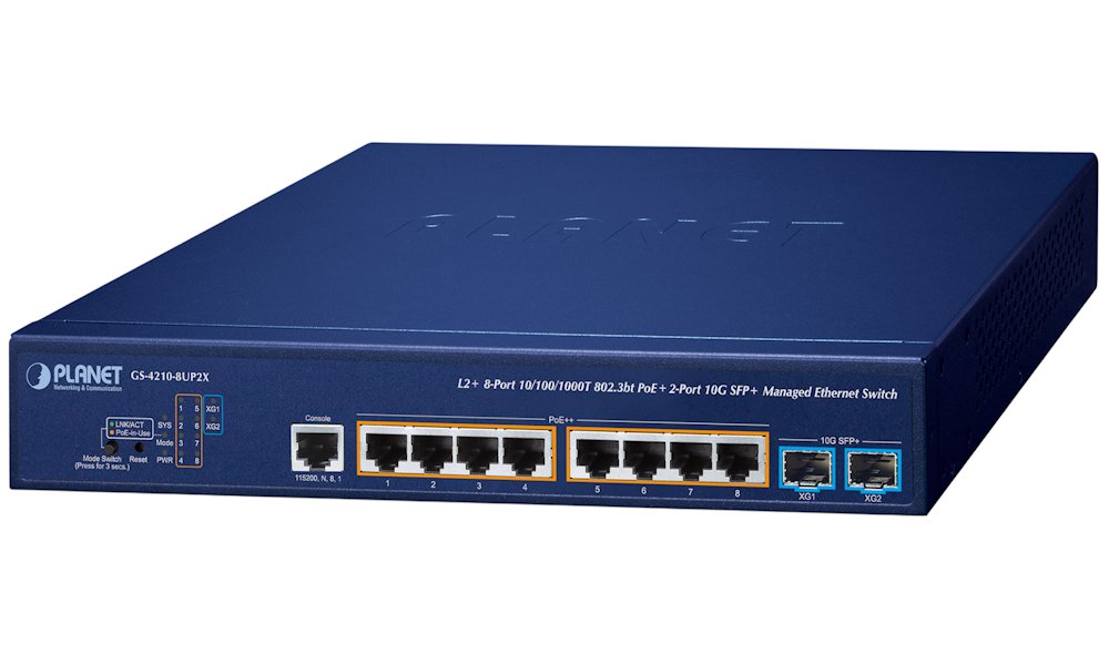 Planet GS-4210-8UP2X L2 switch, 8x1GbE PoE 802.3bt, 2x 10Gb SFP, Budget 240W, QoS, NIS2+NDAA