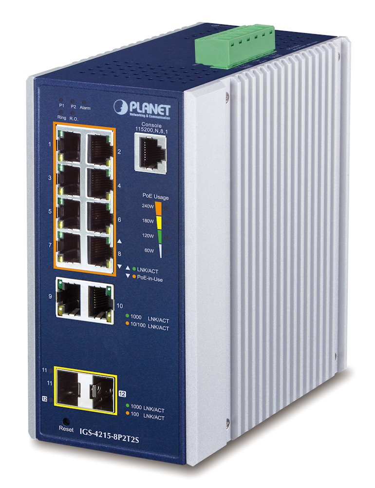 Planet IGS-4215-8P2T2S Gigabit PoE switch 10x TP (8x PoE)+ 2x SFP, 802.3at 240W,IP30, -40 až 75°C, SNMP
