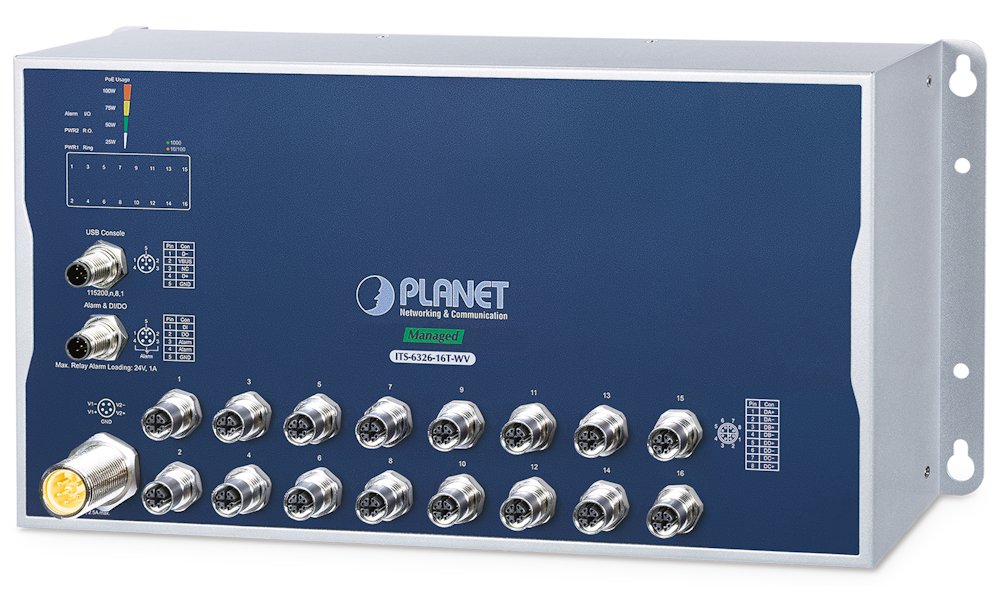 Planet Průmyslový L3 switch 16x M12 konektory, IP50, -40+70°C, 24-110 VDC ITS-6326-16T-WV