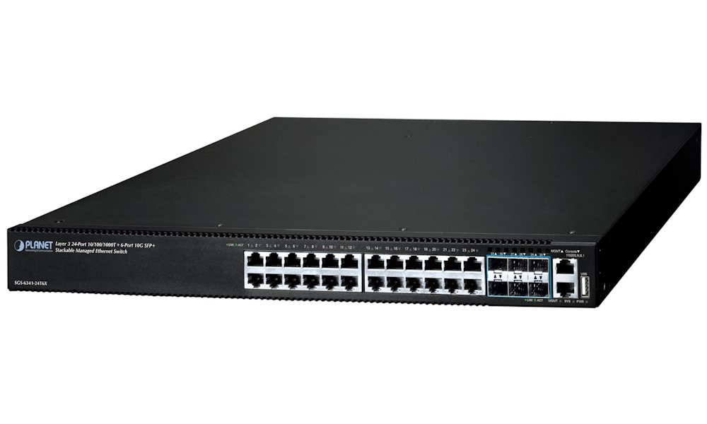 Planet SGS-6341-24T6X L3 switch, 24x1Gb, 6x10Gb SFP+, HW/IP stack, VSF/Cluster, NIS2+NDAA
