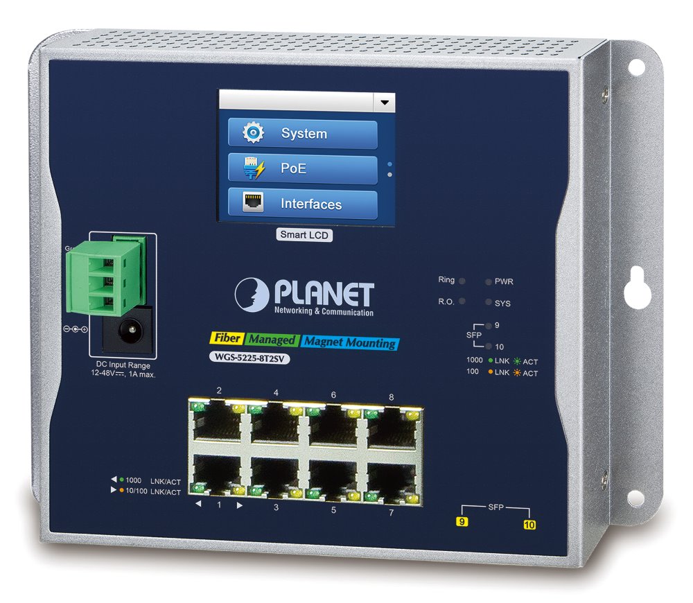 Planet WGS-5225-8T2SV nástěnný switch 8x TP,2x SFP, Web+LCD, L3, ONVIF, -40~75°C, fanless