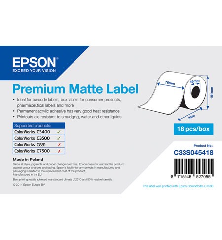 Premium Matte Label Cont.R, 76mm x 35m, MOQ 18ks C33S045418