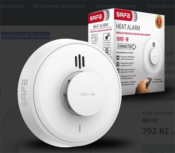 Pro safe Bezdrôtový teplotný hlásič požiaru na zistenie prudkého nárastu teploty v monitorovanom priestore. SAFE10YHT-RF