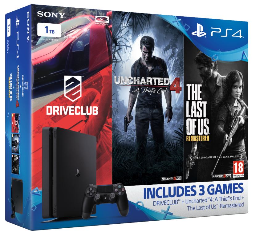 PS4 - Playstation 4 1TB Slim - GAMER Pack - 3 hry: (Uncharted 4, DriveClub, The Last of Us) PS719806868