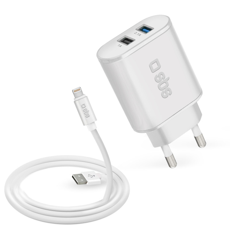 SBS - Cestovná nabíjačka 2xUSB, 2.1A, kábel MFI Lightning, biela TEKITTR2ULH21AFAST