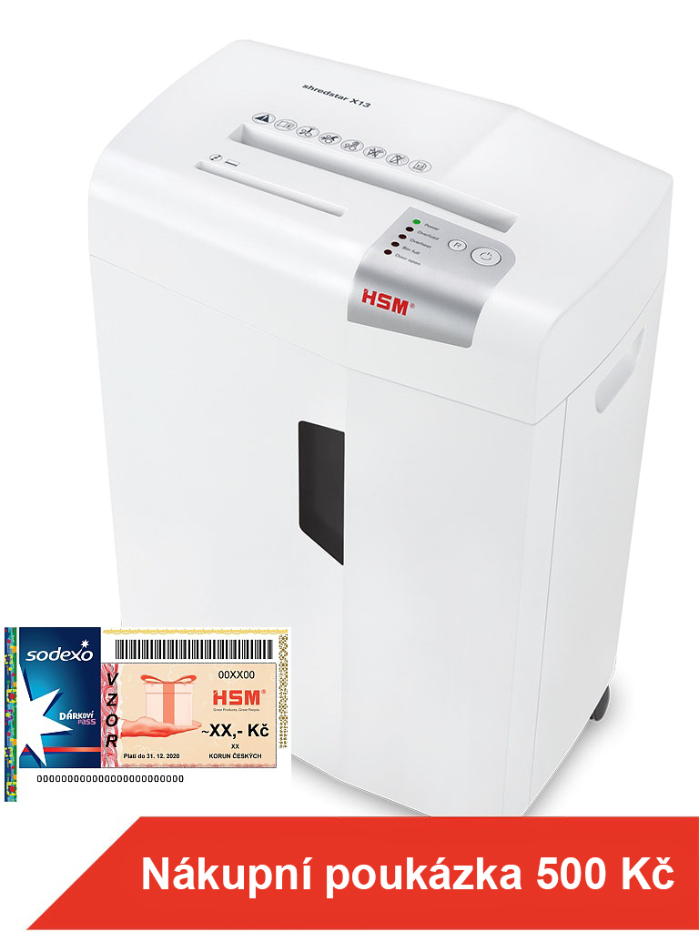 Skartovač HSM Shredstar X13 White, P-4, 4x37mm, 13 listů, 23l, CD+DVD, Credit Card, Sponky 1057121