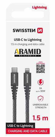 SWISSTEN DATOVÝ KABEL ARAMID REINFORCED USB-C / LIGHTNING 1,5 M ANTRACIT 71544010