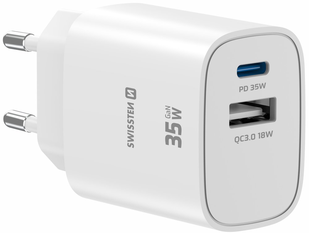 Swissten Síťový Adaptér Edge GaN 1x USB-C PD 35W + 1x USB-A 18W QC Bílý 22071717