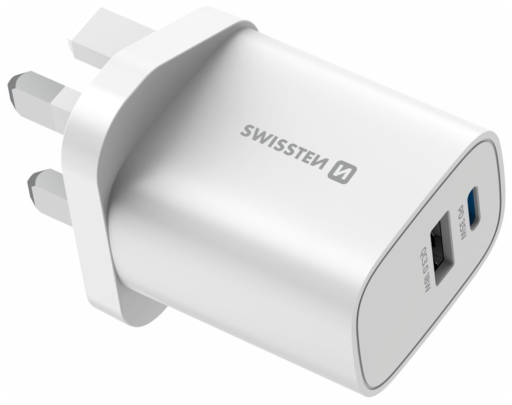Swissten Síťový Adaptér Edge GaN 1x USB-C PD 35W + 1x USB-A 18W QC, Pro UK Zásuvku Bílý 22045102