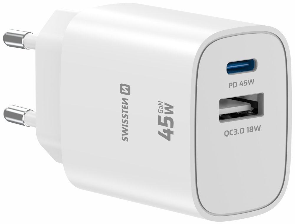 Swissten Síťový Adaptér Edge GaN 1x USB-C PD 45W + 1x USB-A 18W QC Bílý 22071718